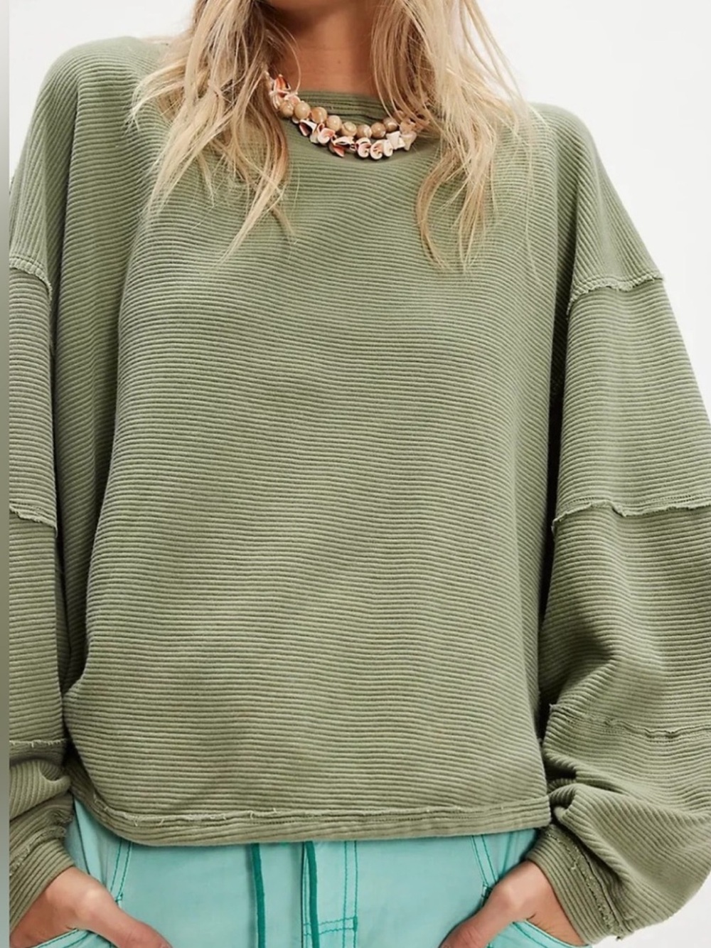 NWT Free People, We The Free Sage Green Ribbed Crewneck Sweater
